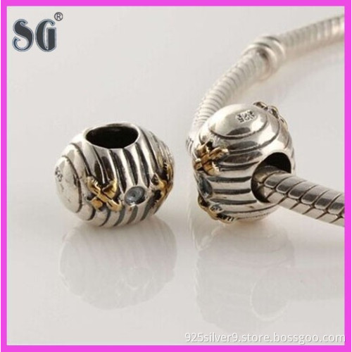 925 Solid Sterling Silver 14ct Gold Beehive Shape Oxidized Style Charm Beads